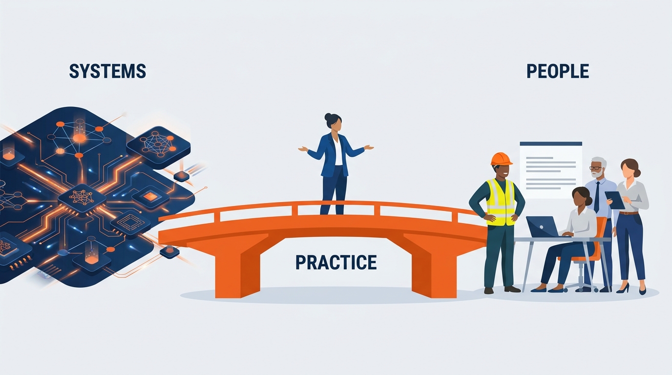 Illustration of a practitioner-teacher bridging technical AI capability and working professionals, representing hands-on instruction grounded in real operational work