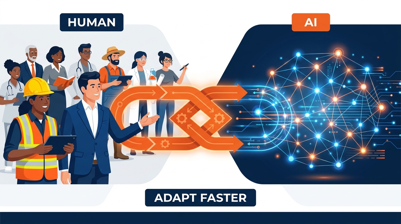 Illustration representing the partnership between artificial intelligence capability and human adaptability, showing people and AI systems connected as one working system