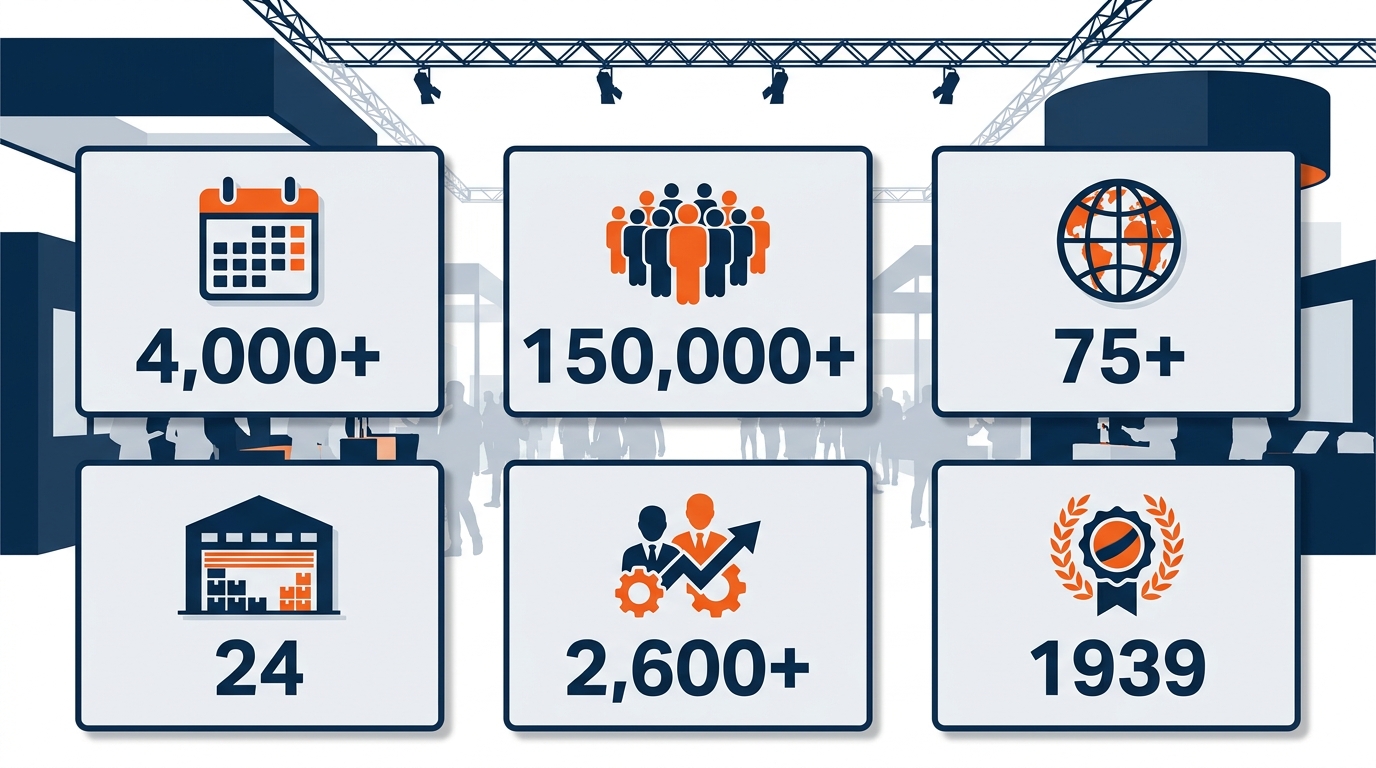 Infographic displaying GES scale — 4,000 events annually, 150,000 exhibitors, 75 countries, 24 facilities, 2,600 employees, founded 1939