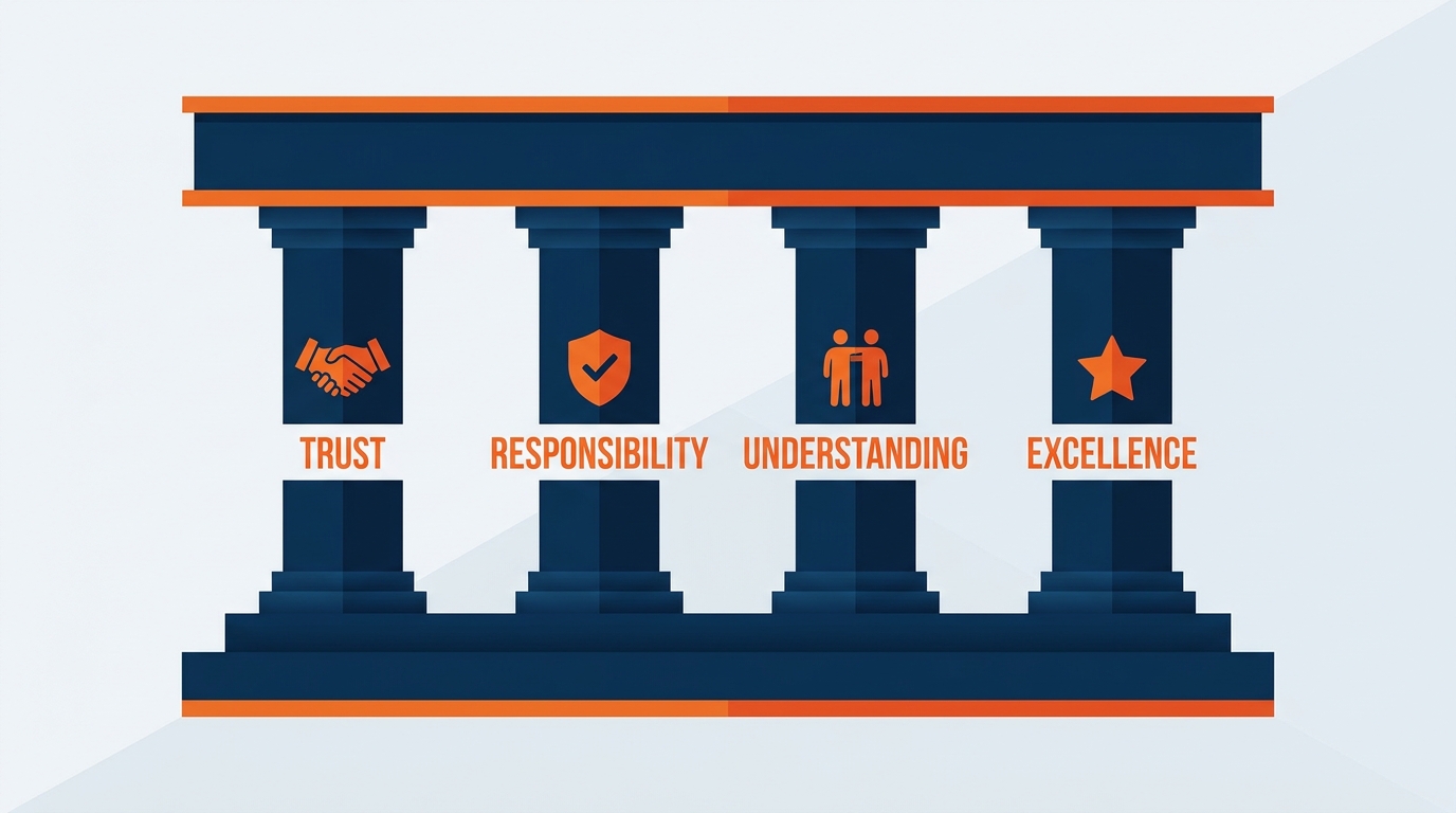 Four-pillar diagram of the GES T.R.U.E. values — Trust, Responsibility, Understanding, Excellence — shown as the foundation supporting AI practice