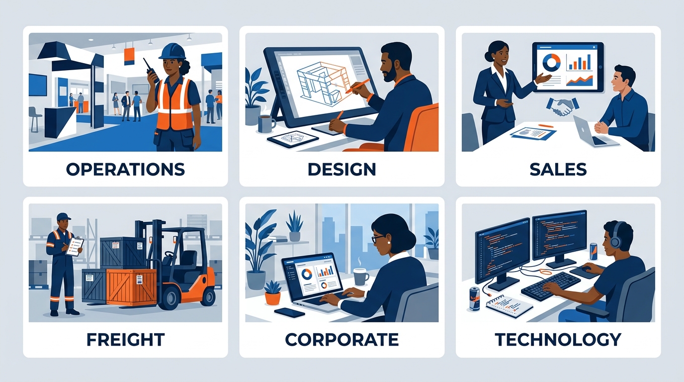 Six audience groups shown as illustrated role cards — show operations, creative and design, sales and account management, logistics and freight, corporate functions, and technology product teams