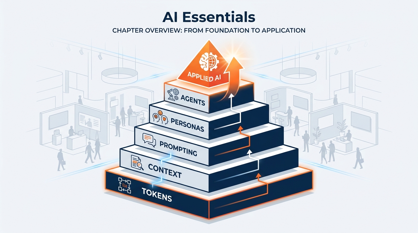 Illustrated explainer infographic showing the core AI concepts — LLM brain, tokens, context window, persona, meta-prompting, tools, and agents in a connected diagram
