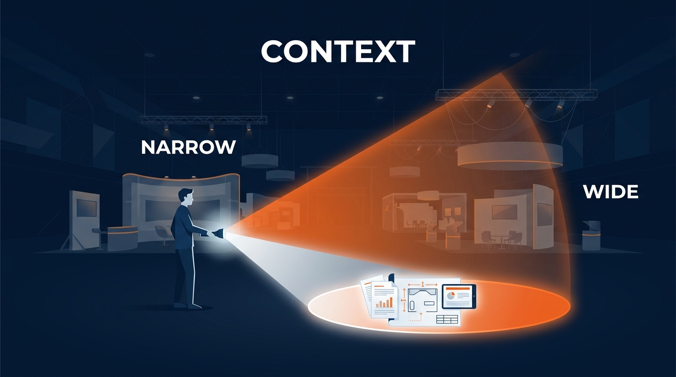 Visual of the Flashlight Theory — a genius consultant in a dark room illuminated by a flashlight beam containing data, documents, and business context, representing context engineering