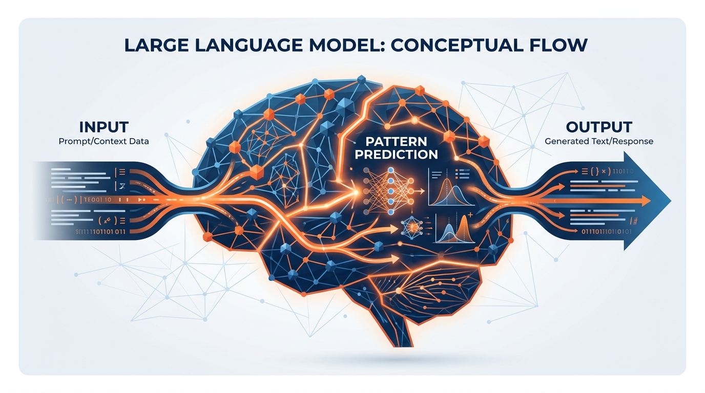Visual comparison of an LLM as a glowing high-IQ brain, showing knowledge spanning finance, law, communication, data analysis, and medical fields