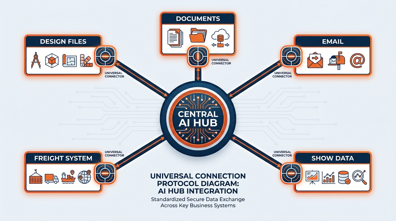 Diagram showing Microsoft 365 Copilot at the center connected to Outlook email, Calendar, Teams, SharePoint, OneDrive, Word, Excel, and PowerPoint via MCP server connections, all secured by GES's existing permissions architecture