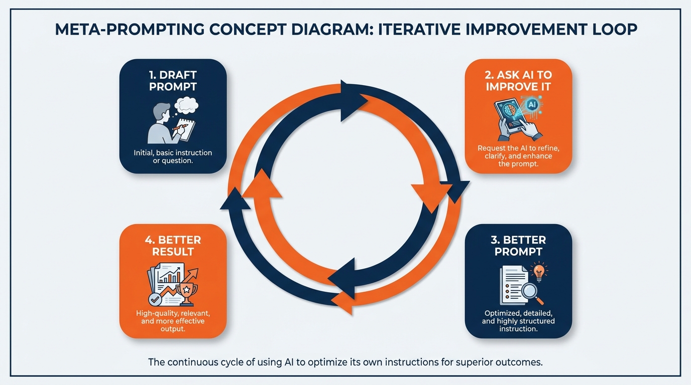 Diagram illustrating meta-prompting — a professional asking AI to reveal expert thinking frameworks, blind spots, and unknown unknowns, with arrows showing the knowledge expansion loop