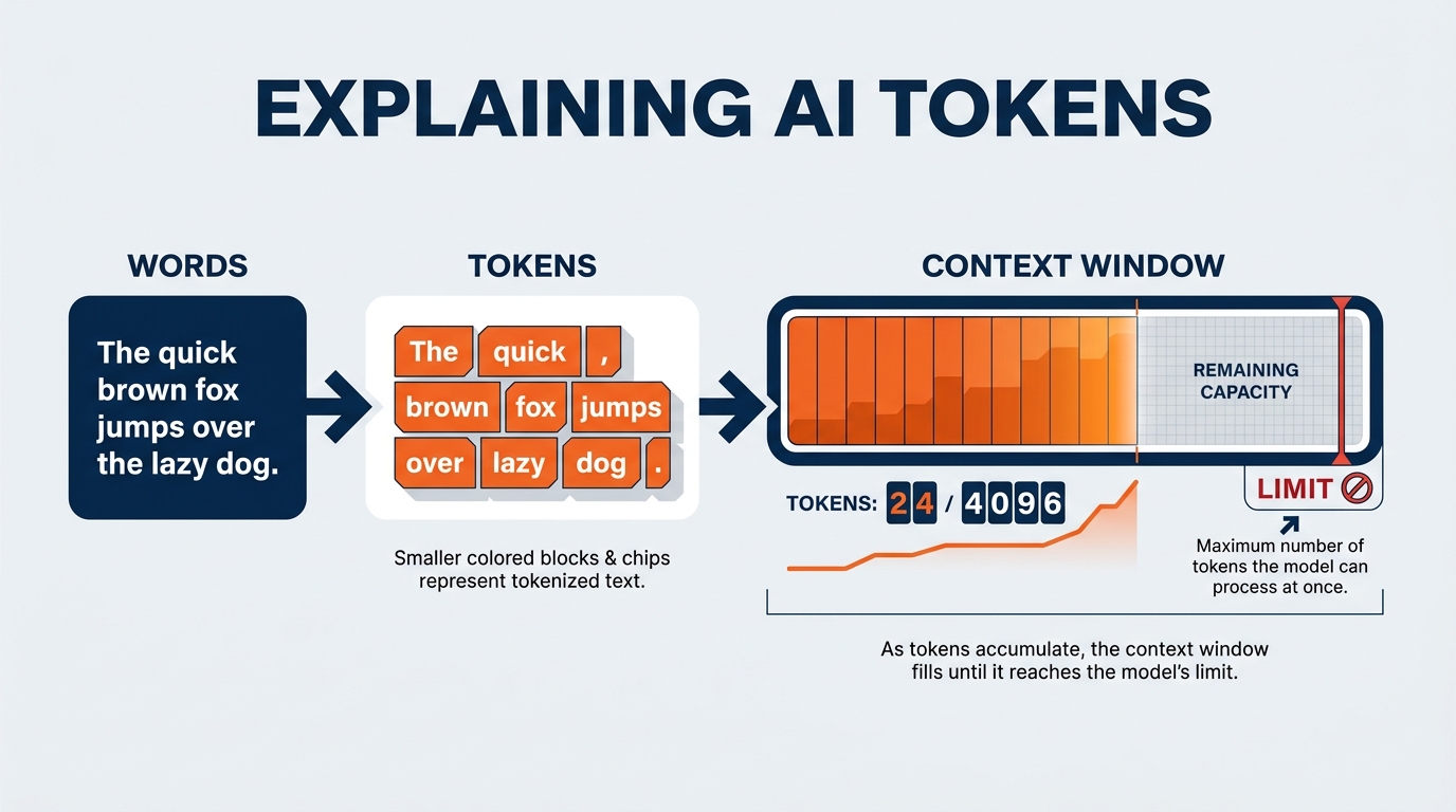 Diagram illustrating the concept of tokens as atomic units of AI processing, showing a prompt being converted to tokens and back to a response, with cost and context window implications