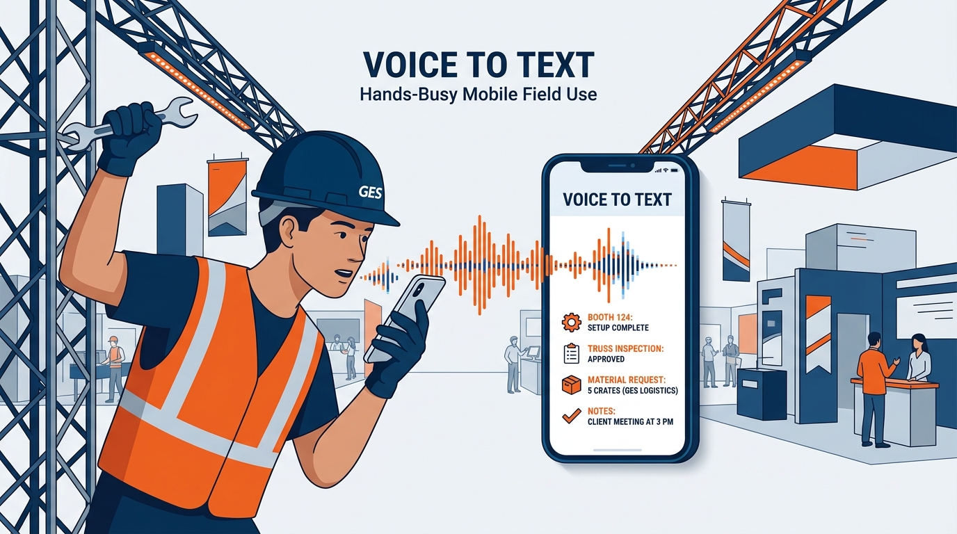 Illustration of an events professional speaking to their computer while Wispr Flow transcribes their words into a rich, detailed Copilot prompt, with the quality of the output visibly improving