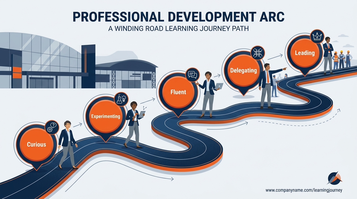 The five-stage cognitive journey from AI awareness to full integration, culminating in delegation and orchestration of agentic AI work