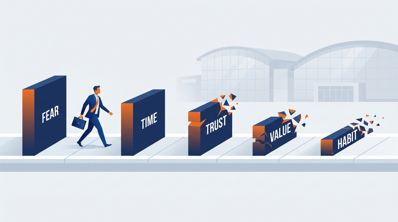 Illustrated graphic showing five locked doors labeled with the five fatal blocks, each with a key — the research-backed reality check — ready to unlock it