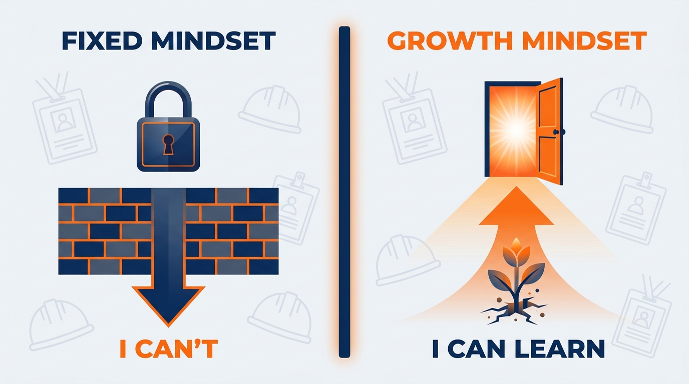 Side-by-side comparison diagram of fixed mindset vs. growth mindset responses to AI challenges — showing specific statements, behaviors, and career outcomes for each