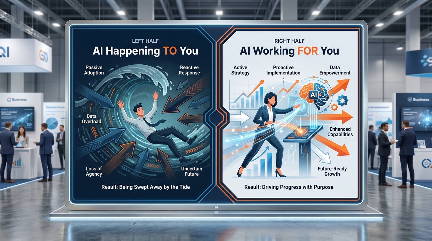 Split visual showing two professionals facing the same AI transformation — one with closed body language and fearful expression labeled "Happening TO me", and one with open, curious posture labeled "Happening FOR me" — with dramatically different career trajectory arrows