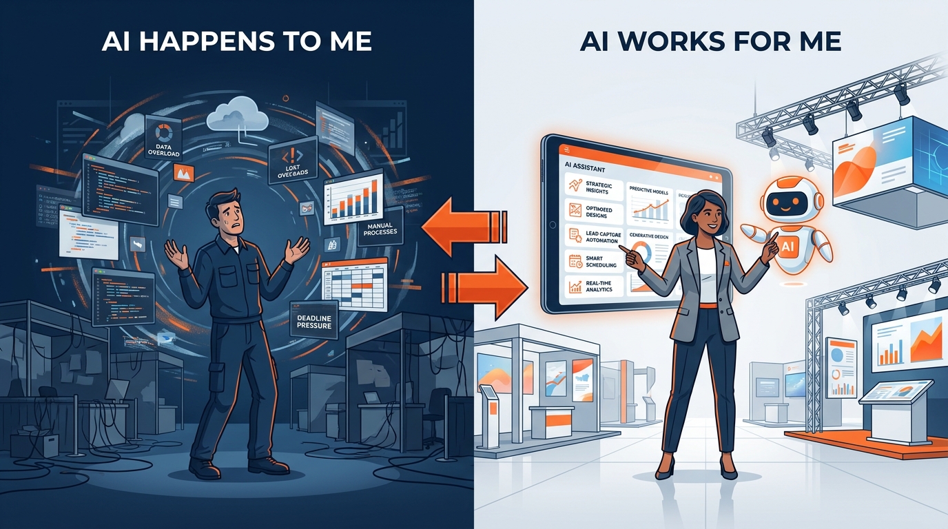 Illustrated infographic showing the transformation from task doer to AI orchestrator — an events industry professional at the center of a constellation of AI tools, acting as conductor rather than executor