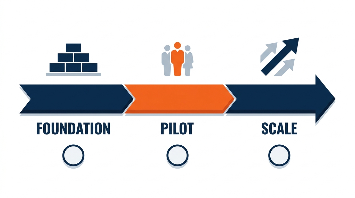 Clean timeline infographic showing the 100-day AI adoption playbook in three phases — Days 1-30 Awareness (ignite curiosity), Days 31-60 Pilots (prove value), Days 61-100 Scale (spread what works) — with specific milestones and activities listed for each phase