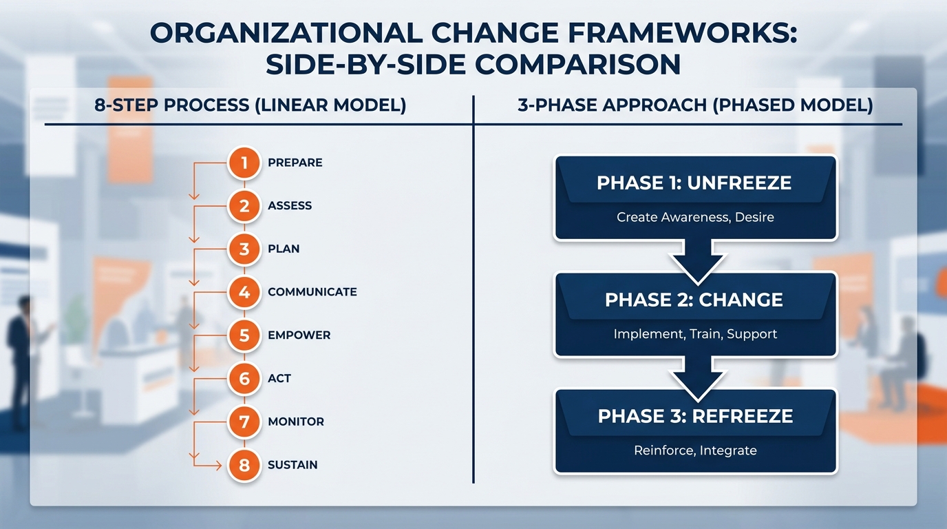 Three clean framework diagrams side by side — Kotter's 8-step staircase, ADKAR's five building blocks, and Bridges' Transitions Model showing the neutral zone — each with GES AI adoption annotations