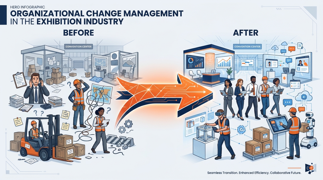 Illustrated infographic showing a single mindset shift at the center radiating outward through team, show floor, facility, and enterprise levels — like ripples in water — representing AI transformation spreading organically through GES