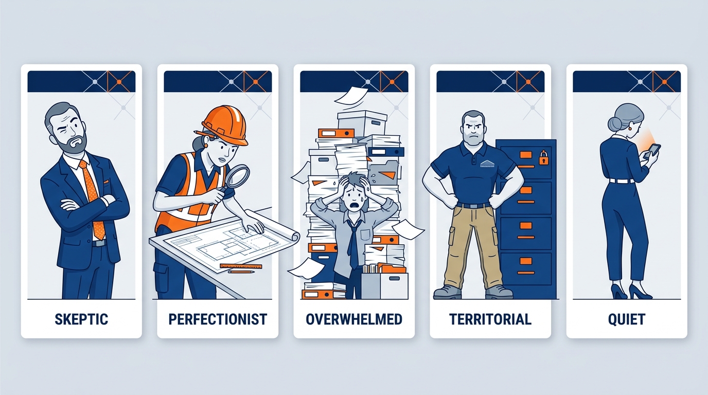 Four-quadrant visual showing the resistance archetypes — The Cynic, The Perfectionist, The Territorial Expert, and The Overwhelmed — each in their own quadrant with a distinct icon and the right leadership move for each