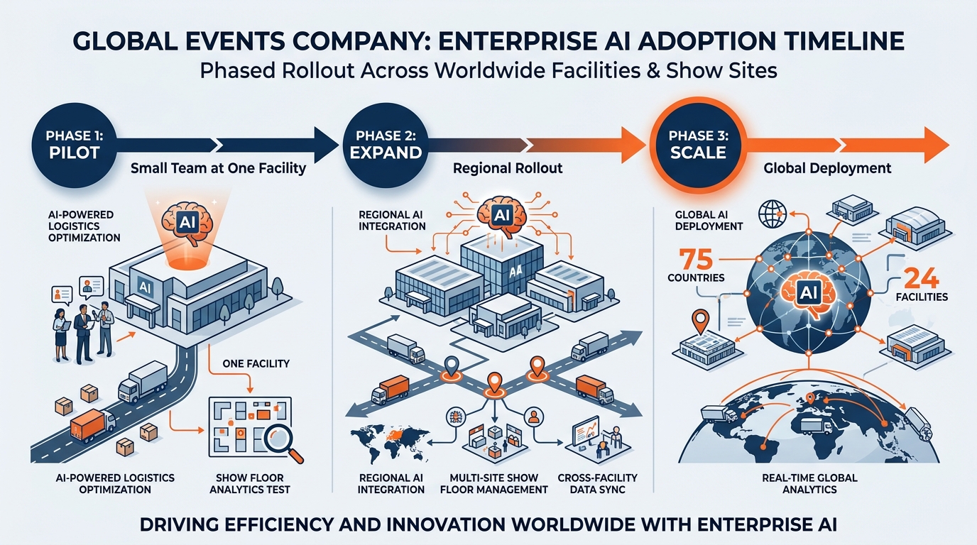 Illustrated roadmap infographic showing the journey from AI pilot to enterprise deployment at a global exhibitions company — a winding road moving from a small pilot light on the left through stages of proof of concept, workflow integration, governance, and full enterprise deployment on the right, with show floor, freight, and booth build imagery and GES branding elements