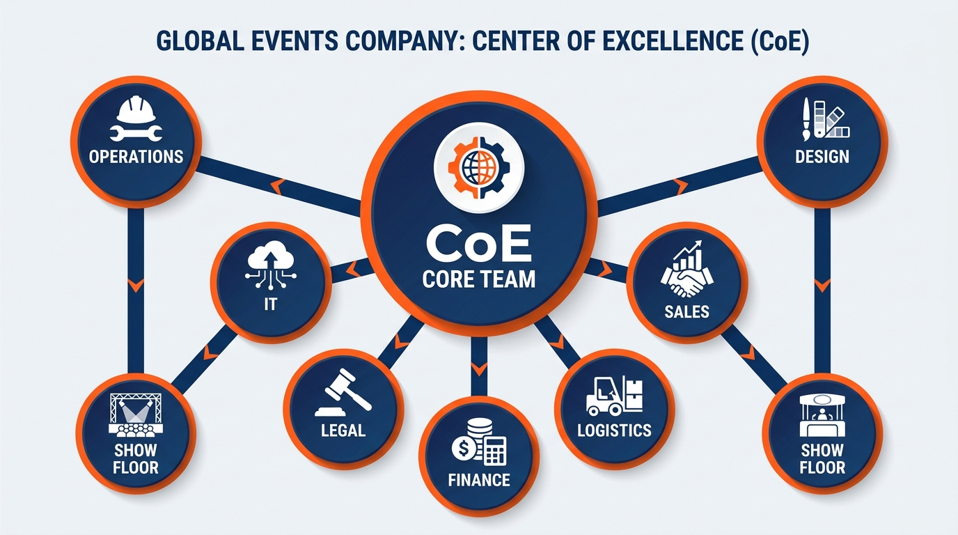 Clean org-chart-style diagram showing GES's AI Center of Excellence structure — a small core team with representatives from IT, Legal, Operations, and the business brands (GES Exhibitions, Spiro, onPeak, Visit by GES, SHOWTECH), connected outward to departmental and regional AI Champions and feeding upward to an executive AI Sponsor — showing information flows in both directions