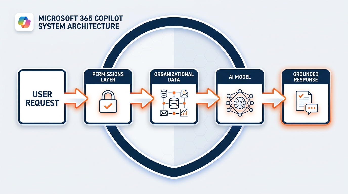 Clean technical architecture diagram showing Microsoft 365 Copilot's enterprise security structure — the LLM brain at top connected downward through Microsoft's commercial data protection layer, through the Microsoft 365 permissions and compliance layer, into GES's existing data environment including Exchange, SharePoint, Teams, and OneDrive — with audit logs flowing to the right