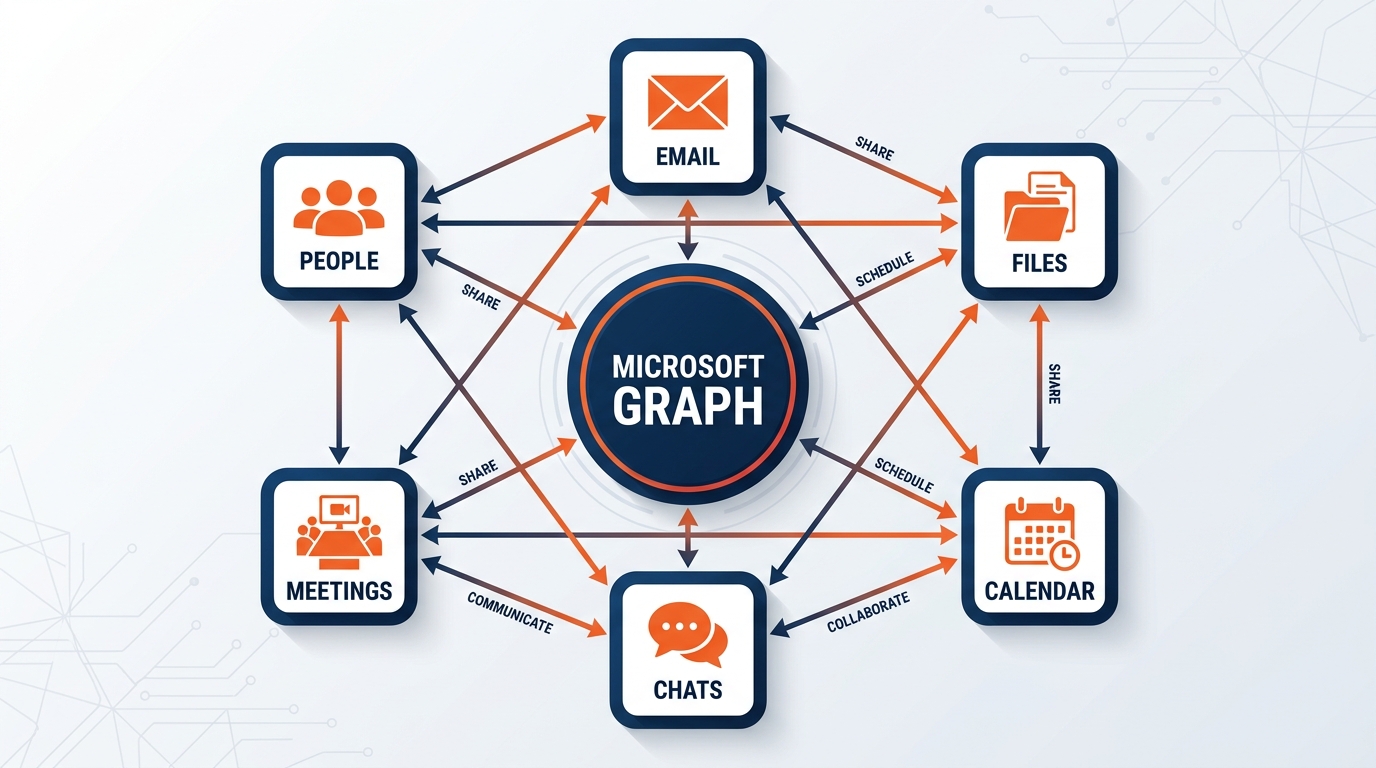 Microsoft Graph connecting GES's M365 data — show document libraries, exhibitor emails, Teams channels for move-in coordination, design asset folders, and calendars — to Copilot