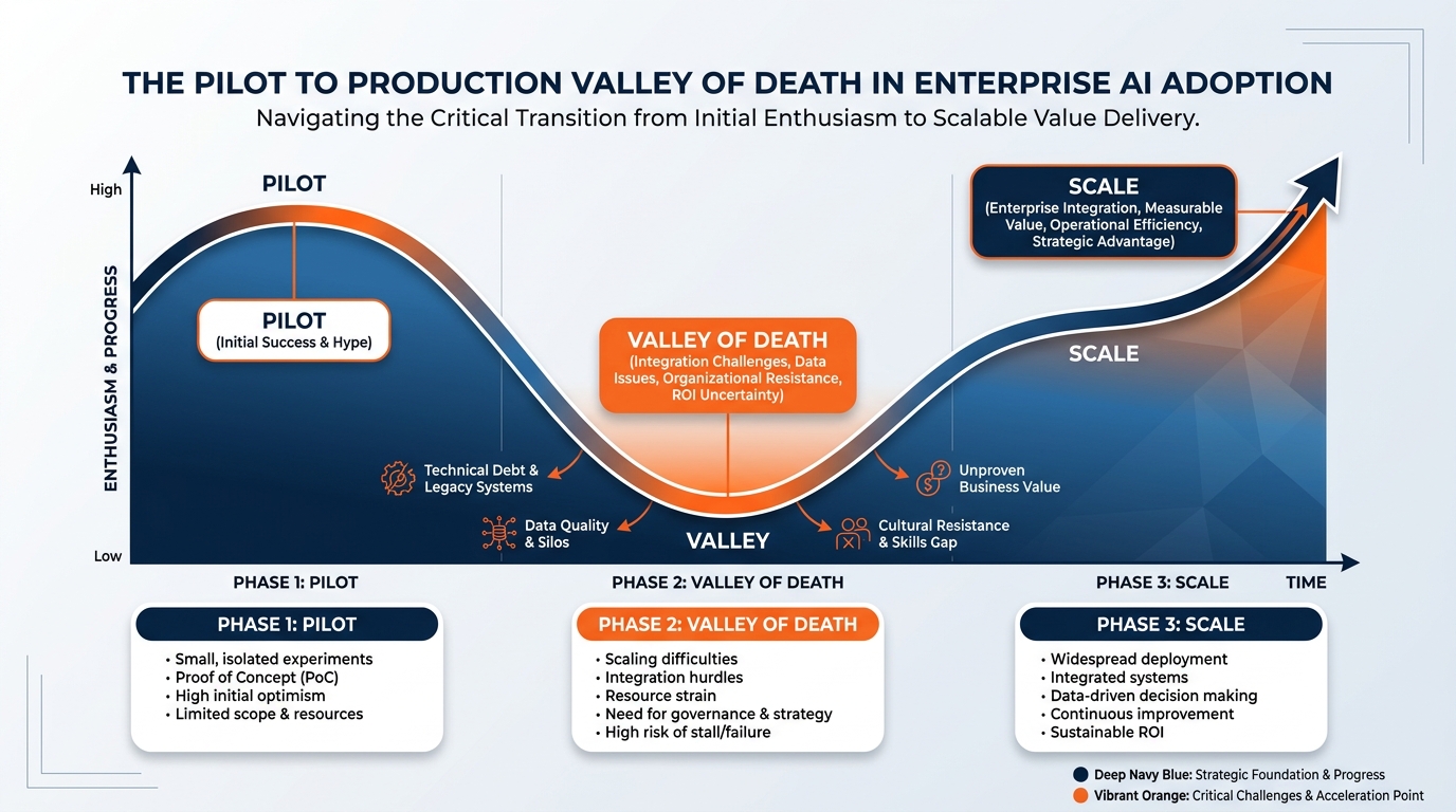 Graph showing the typical AI pilot-to-enterprise curve at an events company — initial excitement and results in the pilot phase, followed by a valley of death where IT review, show-season workload, and fading momentum combine, then either a recovery to enterprise scale or a flatline where the pilot is quietly abandoned between move-in and move-out cycles