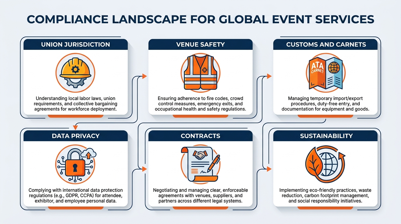 Clean infographic showing the seven compliance domains that govern GES operations — union labor jurisdiction, venue safety and OSHA, international customs and carnets, GDPR and attendee data privacy, organizer and venue contract compliance, ESG and emissions reporting, and client confidentiality — with Microsoft Copilot's enterprise architecture controls mapped to each domain