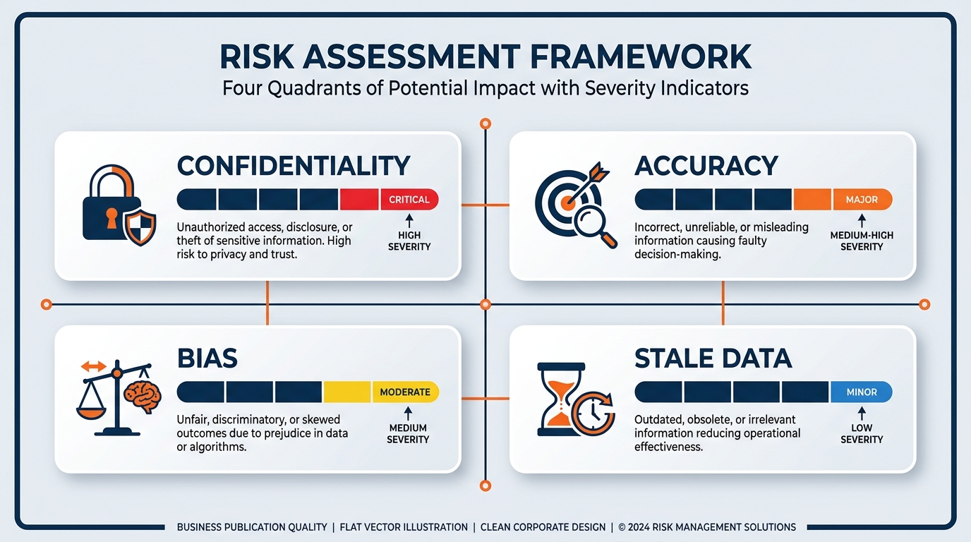 Clean four-quadrant risk framework diagram for AI at an exhibitions company — showing Data Leakage Risk, Hallucination Risk, Bias Risk, and Model Drift Risk — each quadrant with a risk description, specific trade show and event services examples, and the Copilot control that mitigates it