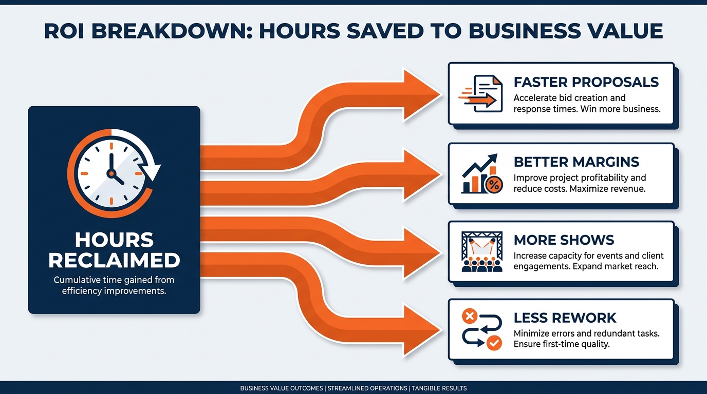 Clean financial infographic showing the economics of AI adoption at an exhibitions company — three panels: left showing time-savings ROI for event professionals, center showing revenue and win-rate impact of AI-augmented account management and proposal production, right showing cost-of-inaction analysis — each with specific trade show industry numbers