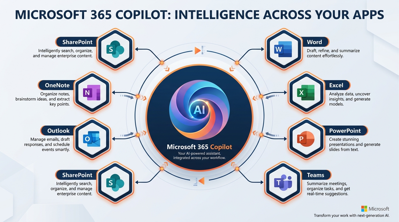 Illustrated explainer infographic summarizing the Microsoft Copilot ecosystem — three columns showing Copilot Chat, Copilot in Apps, and Copilot Agents, with the five prompting techniques arrayed below and the m365.cloud.microsoft front door at the top