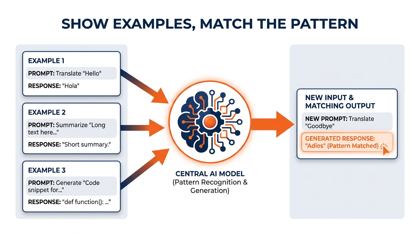 Illustration of few-shot prompting — three example documents labeled Strong, Strong, and Weak feed into Copilot, which then generates a fourth document matching the pattern of the strong examples