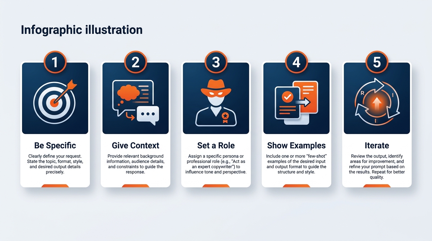 Radial infographic showing the five prompting techniques — Role-Based Prompting, Chain-of-Thought, Few-Shot, Reverse Prompting, and Sparring Partner — arranged around a central Copilot logo