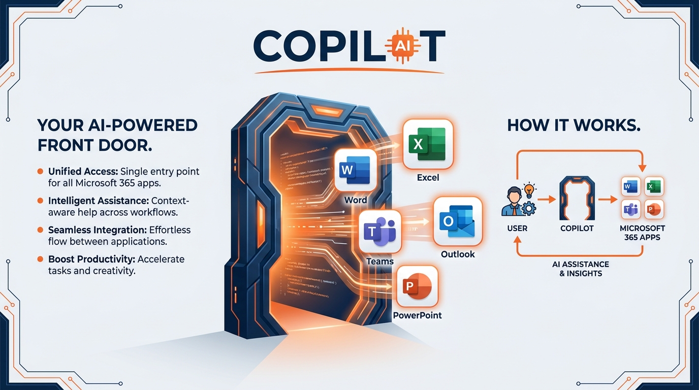 Microsoft 365 Copilot interface shown on desktop, web browser, and mobile side by side — a show operations professional's chat session with Copilot visible on each screen, demonstrating cross-device access