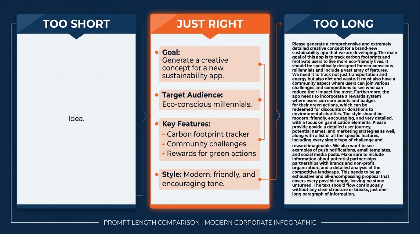 Three-part infographic showing the Goldilocks Zone for prompt length — Too Short produces generic output, Too Long loses the model in detail, Just Right with Context plus Goal plus Format plus Constraints produces precise professional results