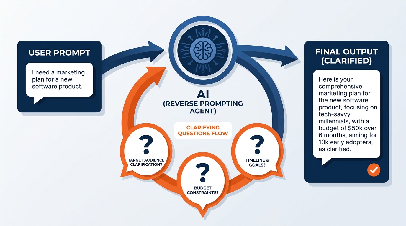 Illustration of Reverse Prompting — user asks Copilot to interview them with clarifying questions, Copilot responds with a structured list of questions, user answers, and Copilot generates precise output