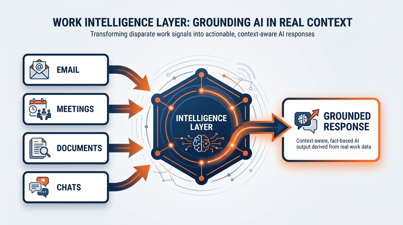 Infographic showing Microsoft Graph as the intelligence layer connecting Copilot to organizational data — email, meetings, chats, files, and shared knowledge all flowing into Copilot, grounded in user permissions