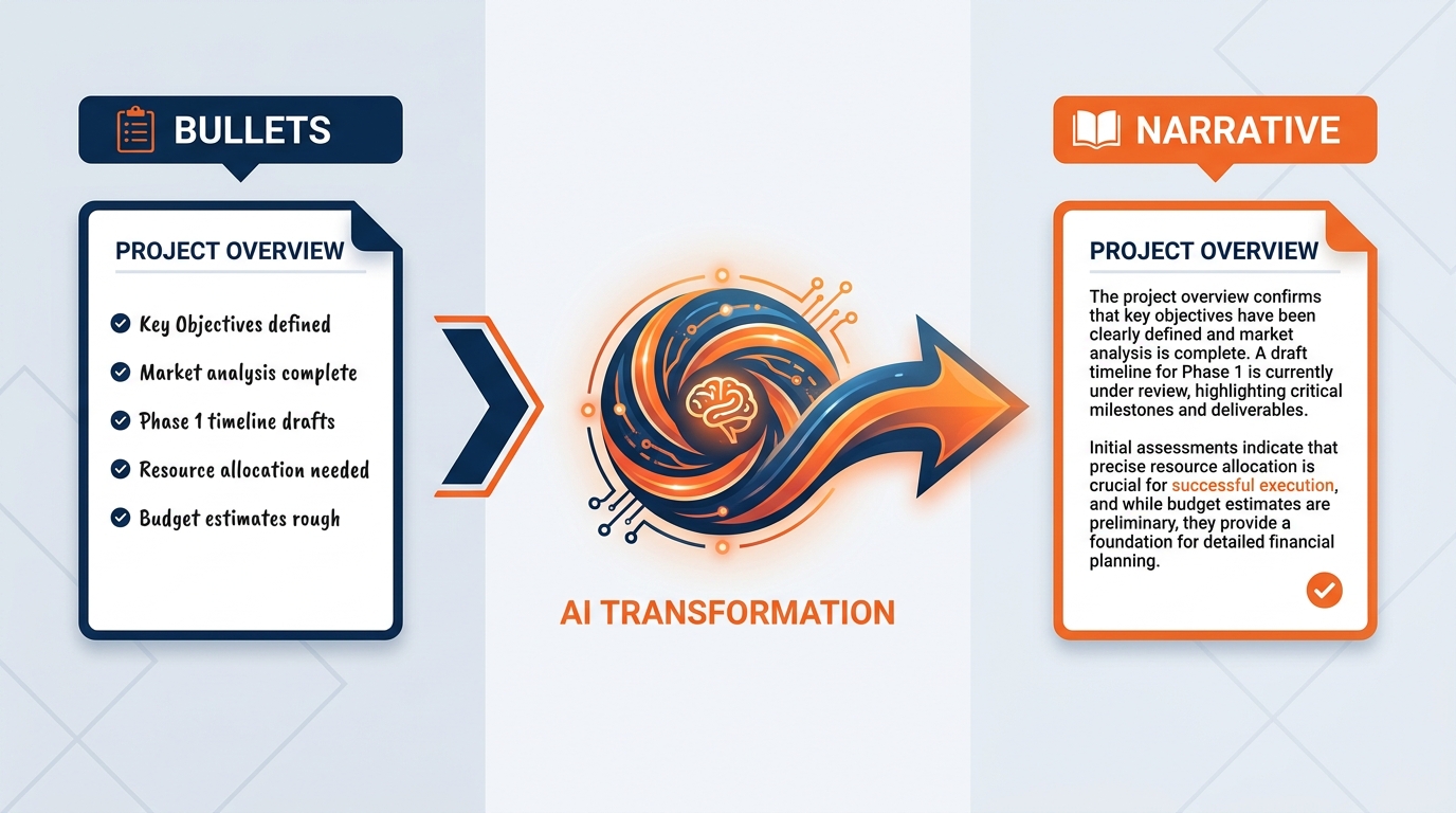Side-by-side comparison showing a bullet-point site note on the left labeled 'What You Have' — with rough, unstructured bullets about a show floor issue — and a formatted professional client-facing memo on the right labeled 'What Copilot Produces' — with three clearly labeled sections: Context, Recommendation, Next Steps — connected by an arrow through a Copilot icon in the center, professional GES brand colors, wide landscape format