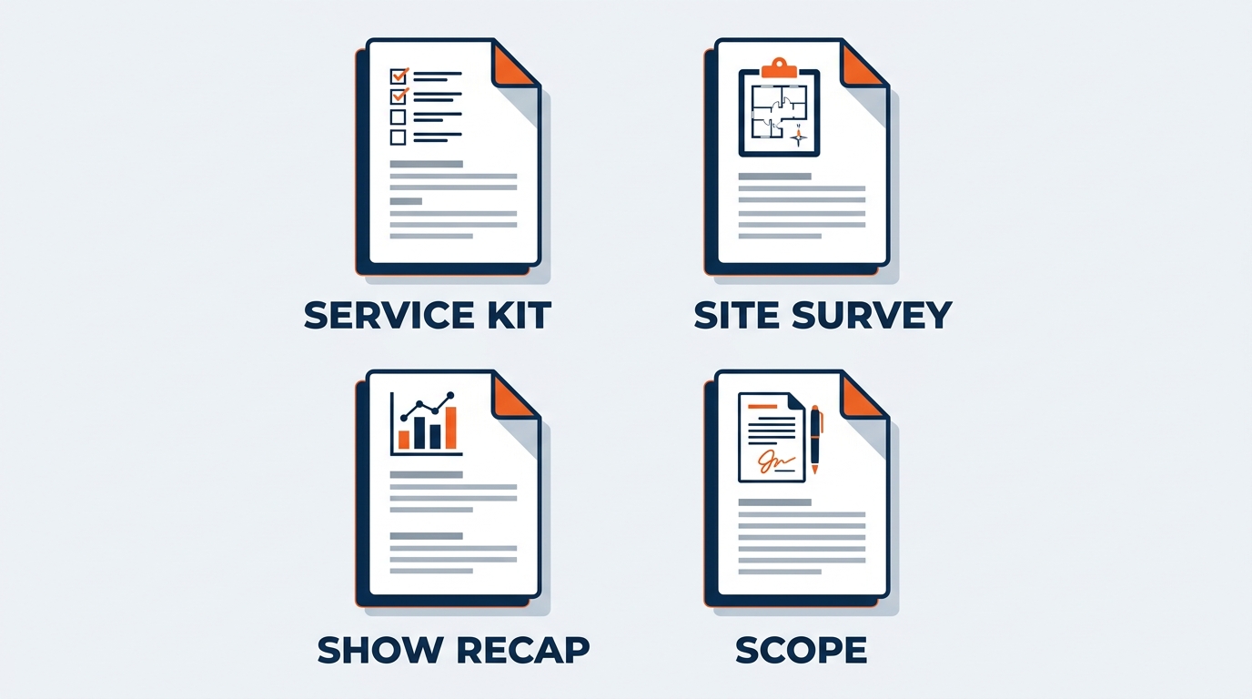 Three-column infographic showing real GES document types that Copilot drafts — left column labeled 'RFP Response' showing a structured document outline with sections Understanding of the Show, Proposed Approach, Operations Plan, Exhibitor Experience, Pricing Narrative — center column labeled 'Venue and Jurisdiction Brief' showing structure with Summary, Requirements, GES Applicability, Recommended Actions — right column labeled 'SOP Update' showing a procedure document with Effective Date, Scope, Key Requirements, Approval block — each column has a sample Copilot prompt shown in a prompt box beneath the document illustration, wide landscape professional infographic style