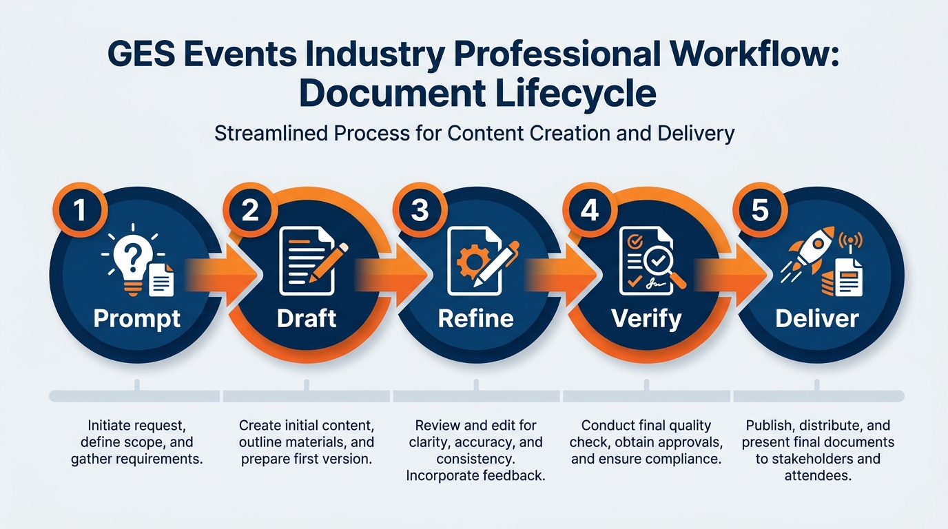 End-to-end horizontal workflow diagram for Copilot in Word at GES — left section shows input sources with SharePoint and OneDrive file icons labeled with document types (site survey notes, venue rules packages, prior post-show reports, labor forecasts, organizer contracts) — center section shows three Copilot capability labels (Start a Draft / Base on Existing File / Add to Existing Document) with slash-reference arrows from the input sources — right section shows output document types (show operations manual, exhibitor service kit, scope of work, client proposal, post-show report) — a verification checkpoint gate sits between Copilot output and the final documents — GES brand professional wide-format infographic