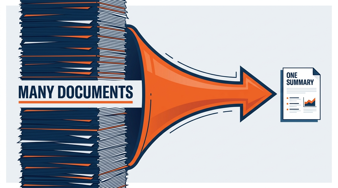Visual flow diagram showing a thick stack of paper on the left labeled '80-Page Venue Services Agreement and Rules Package' with a slash-reference icon indicating it is saved in SharePoint, connecting via an arrow through a Copilot funnel icon in the center to a single clean page on the right labeled '1-Page Operations Summary' — the output page shows labeled sections: Parties and Venue, Access and Dates, Freight and Dock Rules, Labor and Jurisdiction, Risk Flags — professional GES color scheme, wide landscape infographic format
