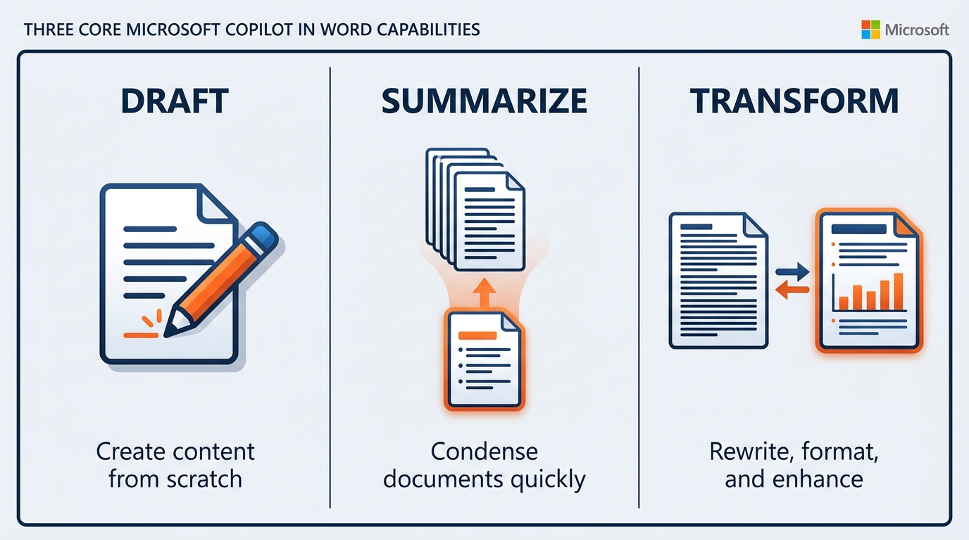Three-panel diagram showing the three verified Copilot in Word capabilities — left panel labeled 'Start a Draft' showing a blank document with a Copilot prompt box and a cursor, indicating the blank-page creation mode; center panel labeled 'Base on Existing File or Email' showing a SharePoint file icon connected to a new Word document via an arrow, with a slash-reference indicator; right panel labeled 'Add to Existing Document' showing a partially written document with a Copilot sidebar adding new sections — all panels in GES brand colors, wide landscape format
