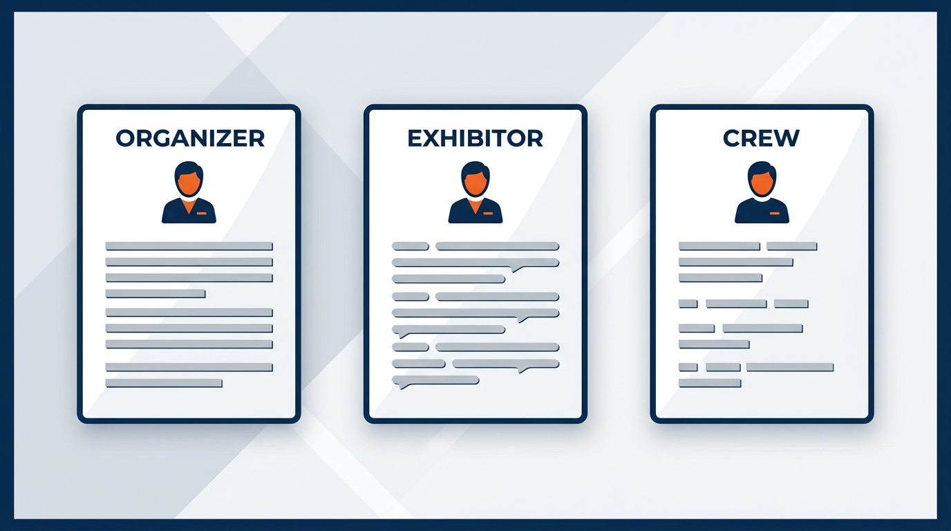 Three-column comparison infographic showing the same show engagement expressed for three distinct audiences — left column labeled 'GES Leadership' with strategic, portfolio-level language and a margin and utilization focus; center column labeled 'Show Organizer' with precise operational language, freight targets, labor plans, service levels and reporting commitments; right column labeled 'Exhibitor' with warm, plain-spoken language, clear deadlines, and a named contact — all three columns share the same underlying facts displayed at the top, connected by arrows down into their respective audience registers, GES brand colors, professional style