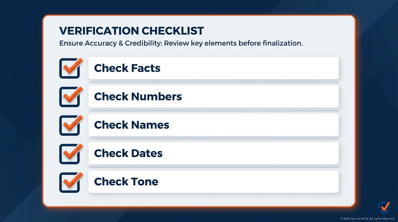 Clean desk-reference checklist card in GES brand colors — five items arranged vertically with checkbox icons: (1) Every fact verified against the source document, (2) Every number independently confirmed against the source, (3) Every interpretation reviewed for accuracy in this specific context, (4) Venue, jurisdiction, and safety language checked against current source, (5) Document read start to finish as if personally authored — footer text reads 'Every Copilot document. Every time.' — formatted like a printable laminated card, professional typography