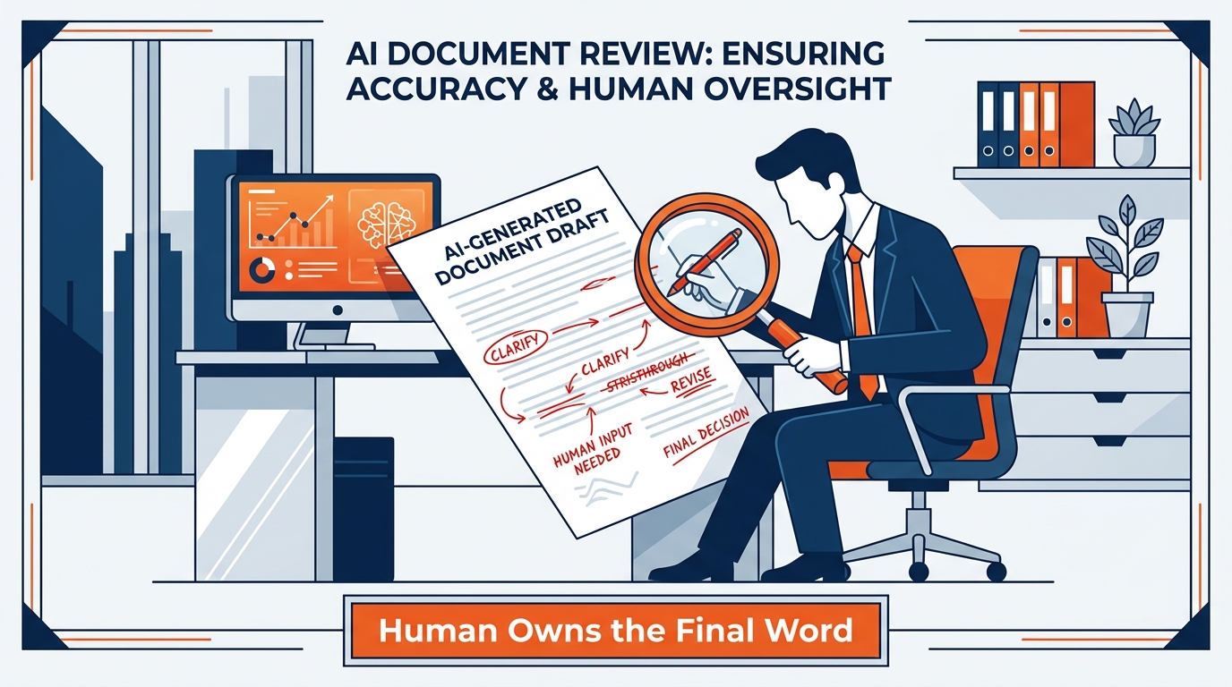 Professional process flow diagram showing a Copilot draft document entering a verification checkpoint gate in the center — the gate is represented as a human professional reviewing the document with a checklist — followed by two possible outcomes on the right: a green 'Ready to Send' path and a red 'Revise' loop back to the document — the checklist inside the gate shows five items: Facts verified against source, Numbers independently confirmed, Interpretations reviewed, Venue and jurisdiction language validated, Document read end-to-end by the professional — GES brand professional infographic