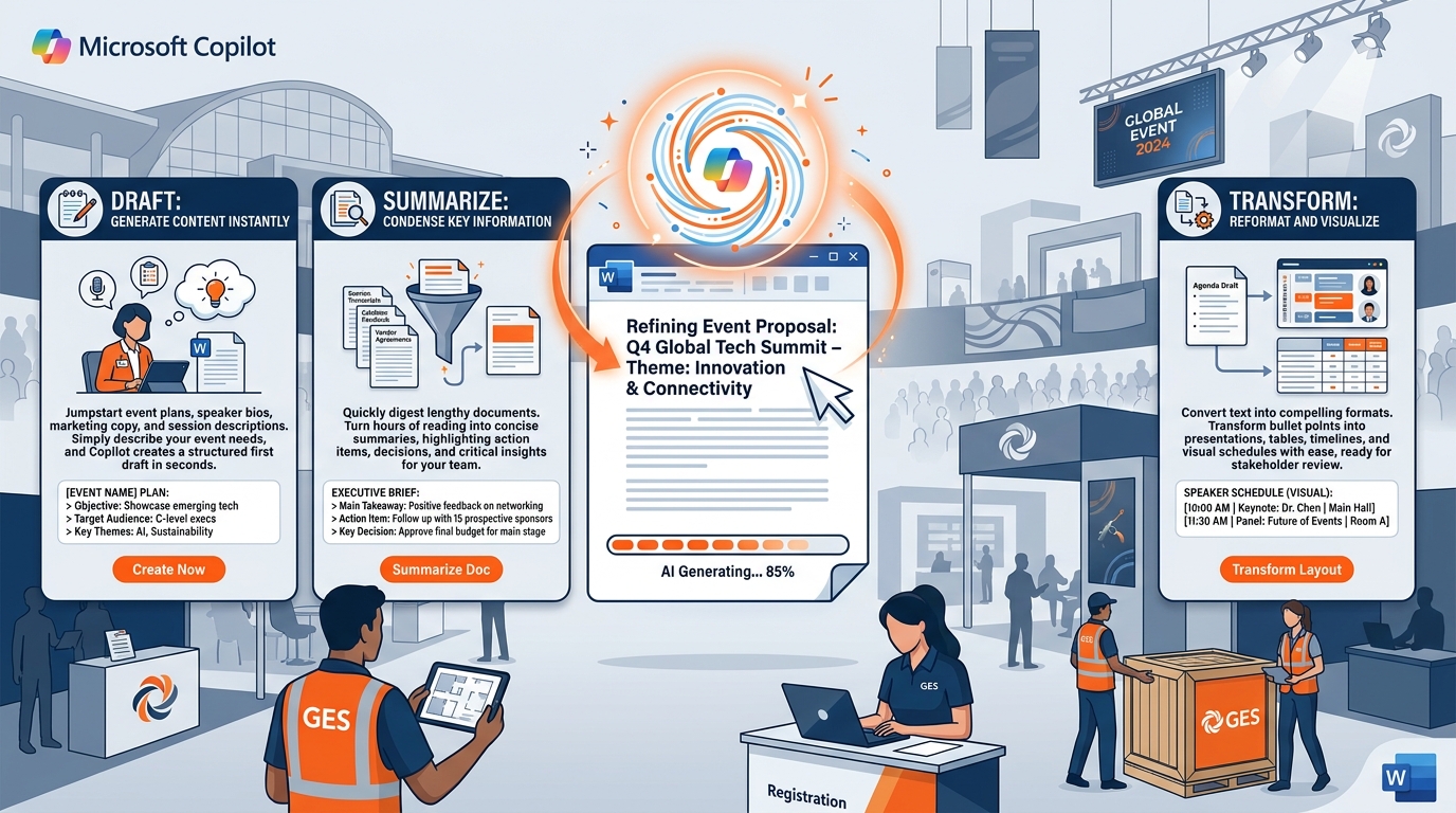 Illustrated explainer infographic summarizing Copilot in Word capabilities — three capability panels across the top showing Start a Draft, Base on Existing File, and Add Content to Document — flowing down into GES document examples including exhibitor service kit, show operations manual, scope of work, and post-show reconciliation report — with the verification discipline shown as a final human checkpoint gate at the bottom before documents reach the show organizer, the exhibitor, and the show floor