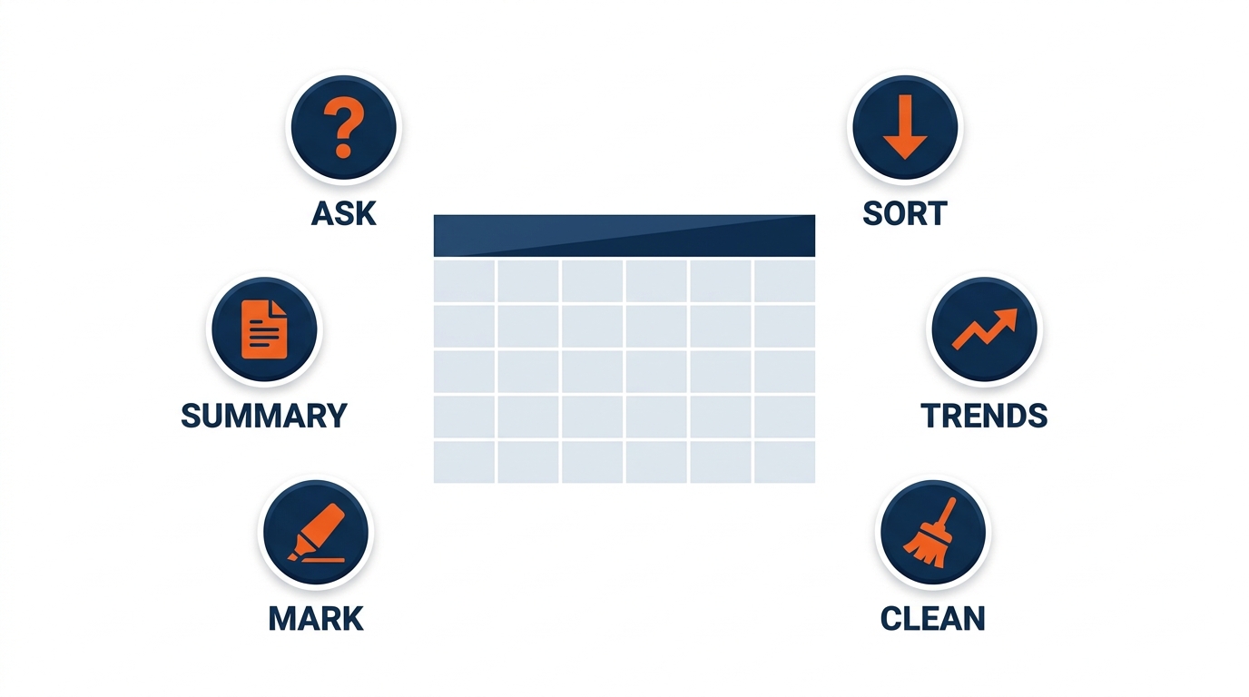 Illustrated explainer infographic summarizing Copilot in Excel's confirmed capabilities — formula generation, data exploration, natural-language charts, Pivot Tables, sorting and filtering, trend identification, and outlier detection — arranged as a capability wheel with GES exhibition data examples in each segment such as drayage cost per hundredweight, I&D labor hours, freight target variance, and cost per square foot by venue