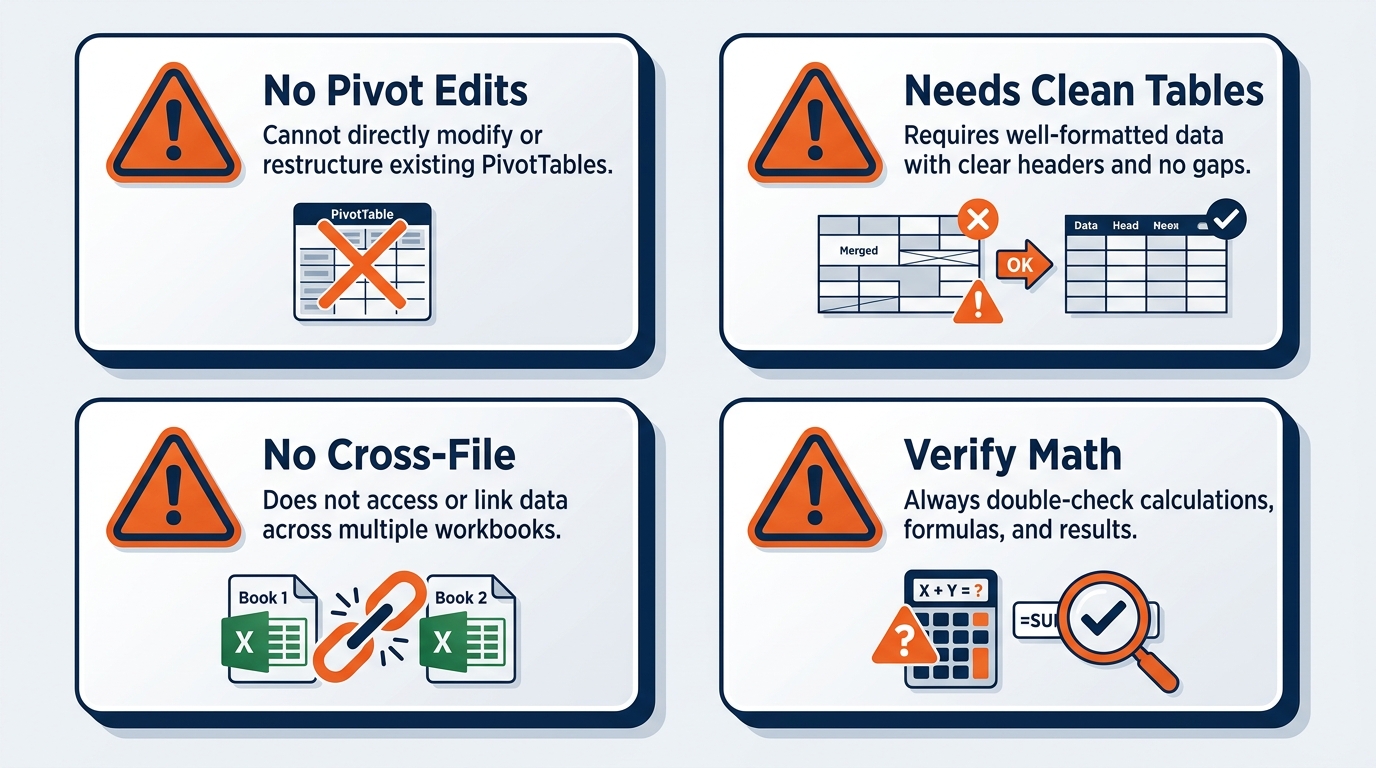 Clean infographic showing what Copilot in Excel cannot do — organized as two columns: left column shows tasks Copilot can do well with green checkmarks, right column shows confirmed limitations with red X marks. Examples include: cannot access data in other workbooks without import, cannot interpret operational context it was not given, cannot guarantee formula correctness, cannot supply drayage or union rates from a tariff it has never seen