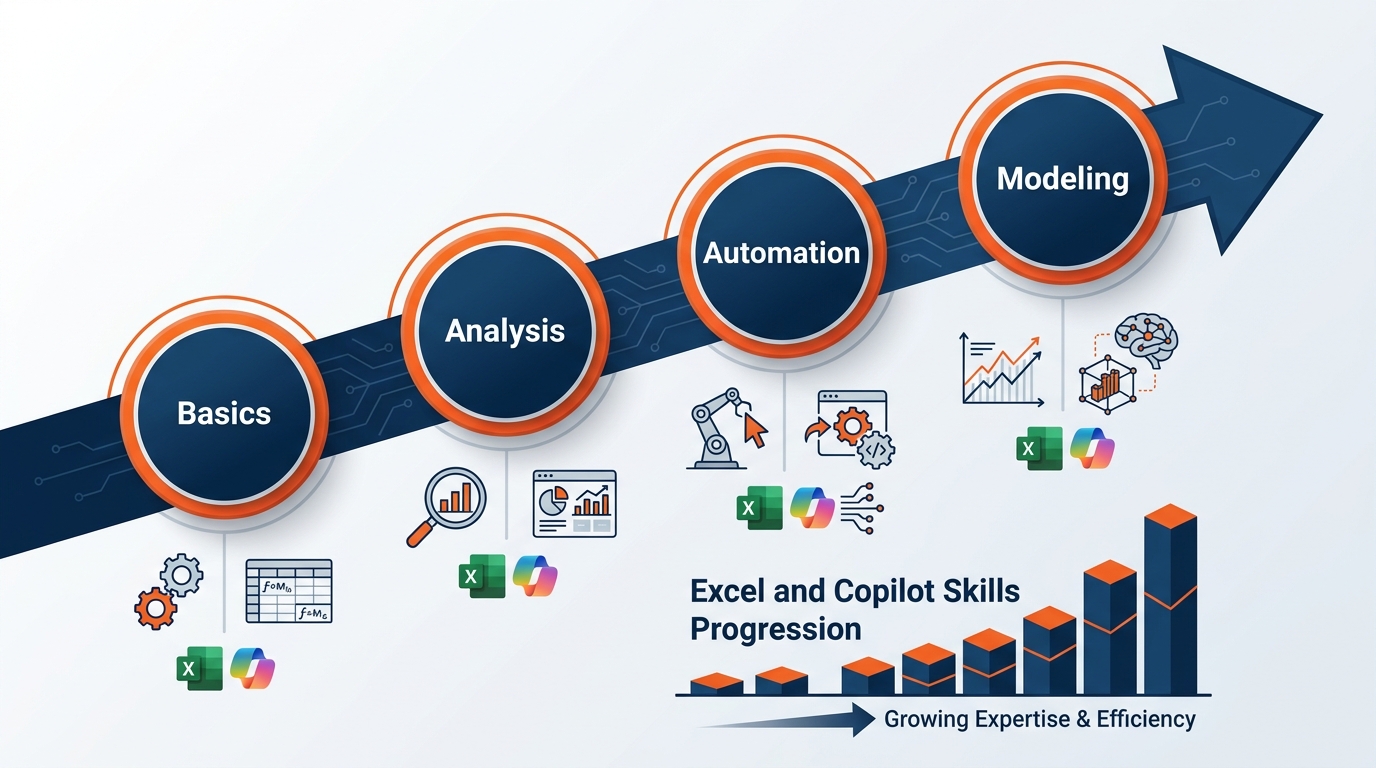 Roadmap infographic showing the trajectory of Copilot in Excel capability development — a horizontal timeline from 2023 through 2026 and beyond, with confirmed released features on a solid line and announced upcoming features on a dotted line. Key milestones labeled with brief descriptions. Blue and orange color scheme, clean modern style.