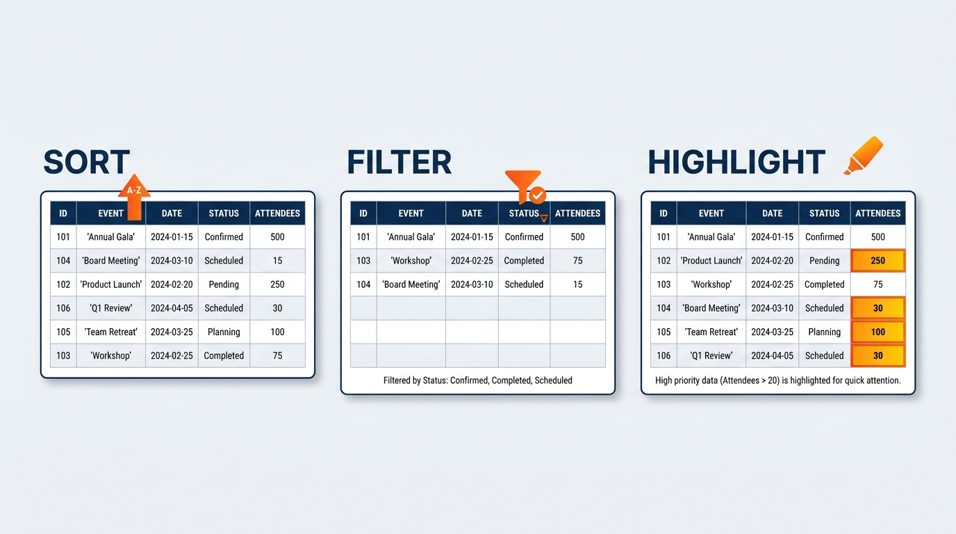 Three-panel infographic showing Copilot sorting and filtering operations on a GES show performance dataset — left panel shows a natural language filter request isolating shows over freight target with the filtered results, center panel shows a conditional highlighting request marking negative margin cells in red, right panel shows a sort request ordering shows by material handling revenue. Clean business data aesthetic, blue and orange color scheme.