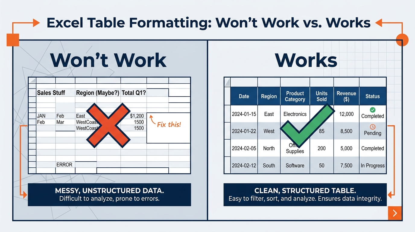 Side-by-side comparison infographic showing unformatted Excel data on the left — plain rows and columns with no table structure, Copilot icon grayed out — versus properly formatted Excel table on the right with header row highlighted in blue, alternating row colors, and the Copilot icon active in the ribbon. A green checkmark on the right and a red X on the left.